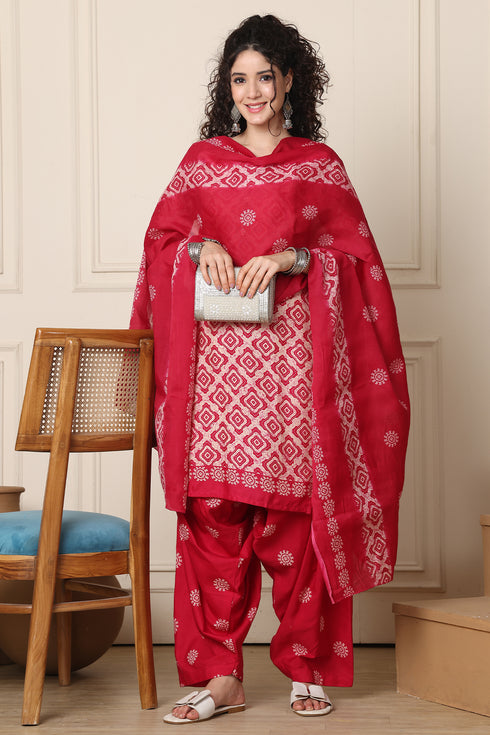 Beige & Pink Cotton Blend Printed Ready to Wear Patiala Salwar Suit