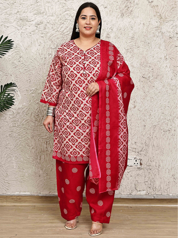 Beige & Pink Cotton Blend Printed Plus Size Ready to Wear Patiala Salwar Suit