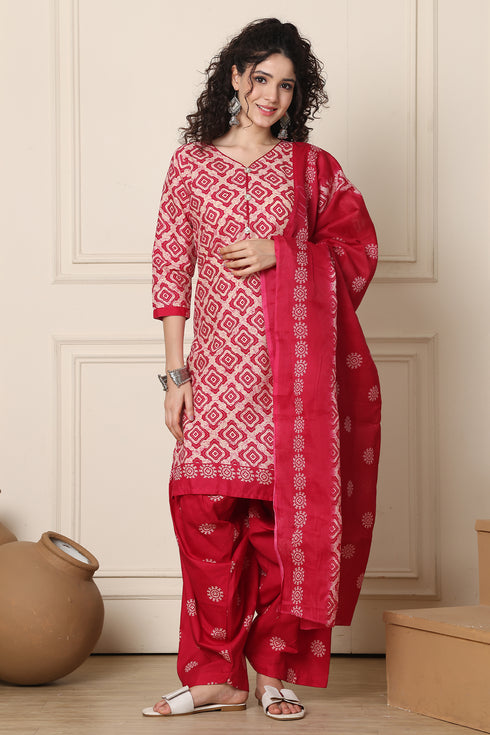 Beige & Pink Cotton Blend Printed Ready to Wear Patiala Salwar Suit