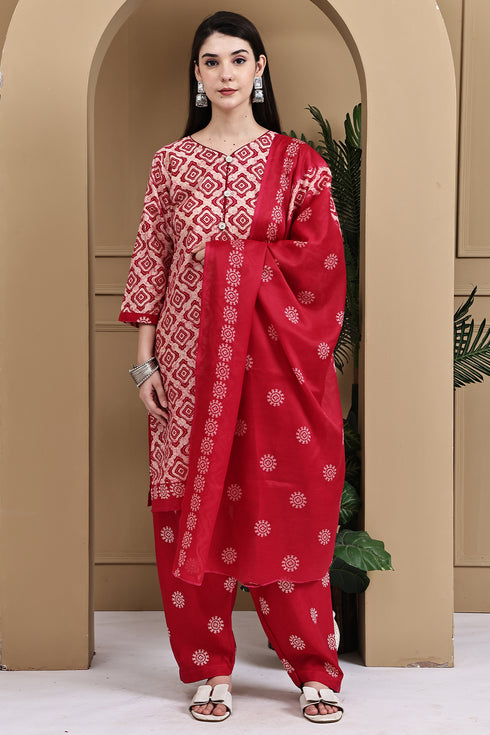 Beige & Pink Cotton Blend Printed Ready to Wear Patiala Salwar Suit