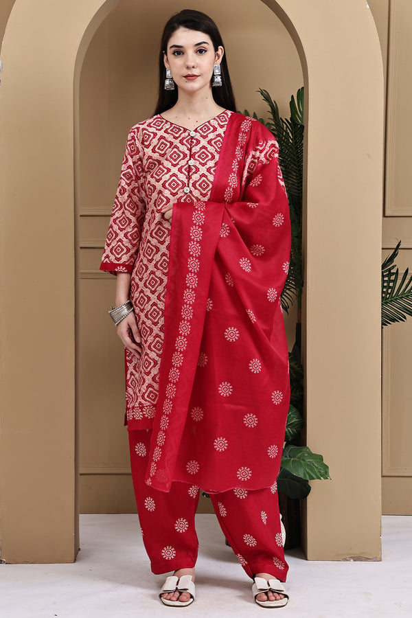 Beige & Pink Cotton Blend Printed Ready to Wear Patiala Salwar Suit