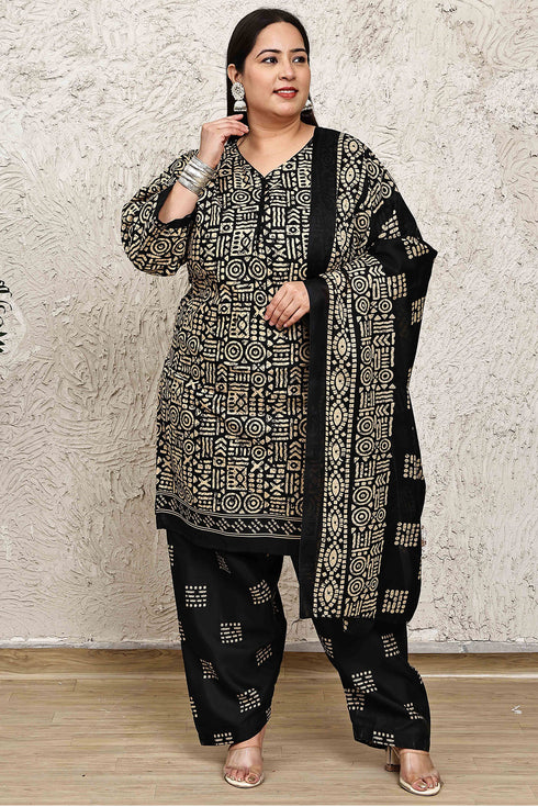 Beige & Black Cotton Blend Printed Plus Size Ready to Wear Patiala Salwar Suit