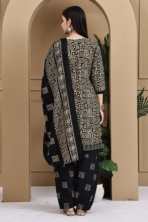Beige & Black Cotton Blend Printed Ready to Wear Patiala Salwar Suit