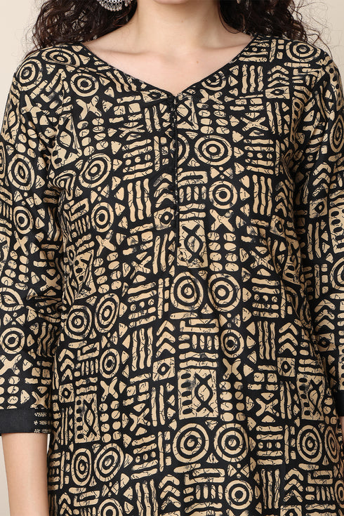 Beige & Black Cotton Blend Printed Ready to Wear Patiala Salwar Suit