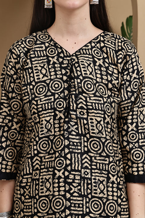 Beige & Black Cotton Blend Printed Ready to Wear Patiala Salwar Suit