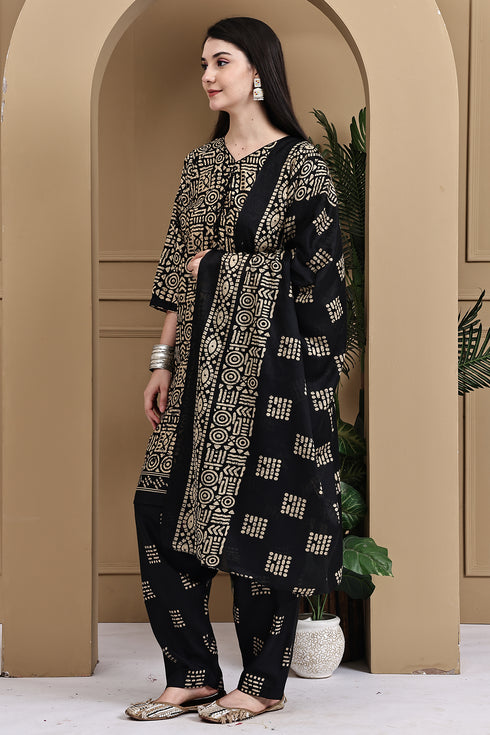 Beige & Black Cotton Blend Printed Ready to Wear Patiala Salwar Suit