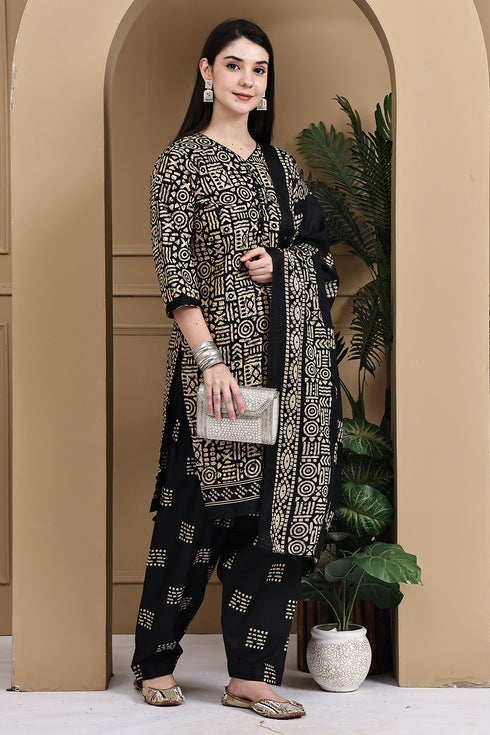 Beige & Black Cotton Blend Printed Ready to Wear Patiala Salwar Suit