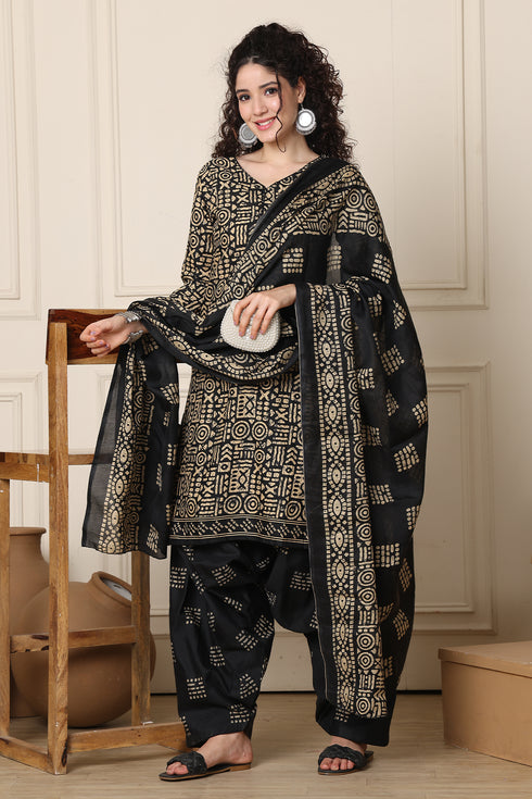 Beige & Black Cotton Blend Printed Ready to Wear Patiala Salwar Suit