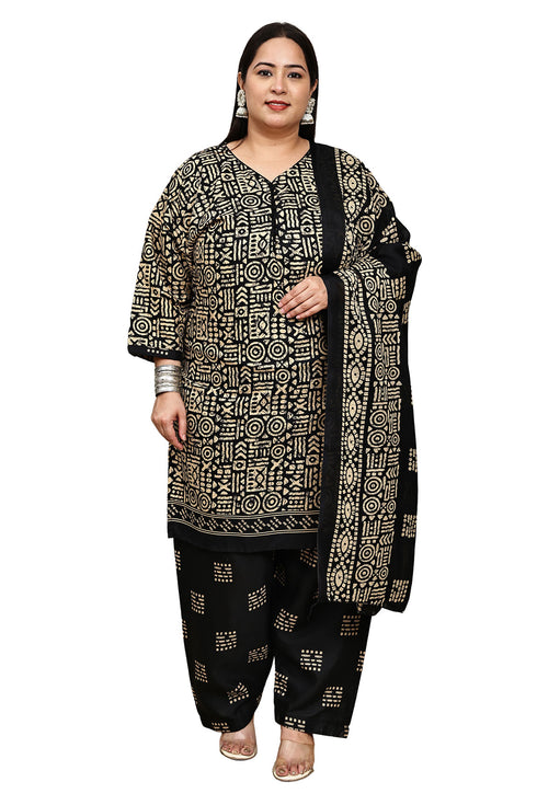 Beige & Black Cotton Blend Printed Plus Size Ready to Wear Patiala Salwar Suit