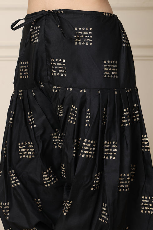 Beige & Black Cotton Blend Printed Ready to Wear Patiala Salwar Suit