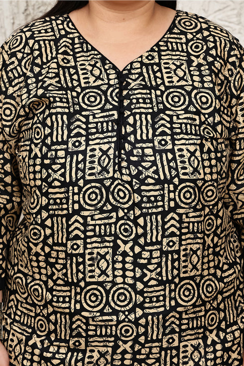 Beige & Black Cotton Blend Printed Plus Size Ready to Wear Patiala Salwar Suit