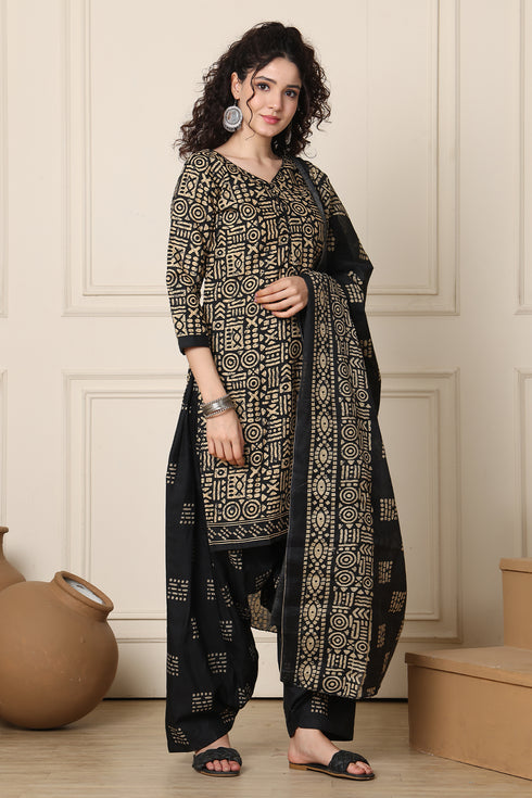 Beige & Black Cotton Blend Printed Ready to Wear Patiala Salwar Suit