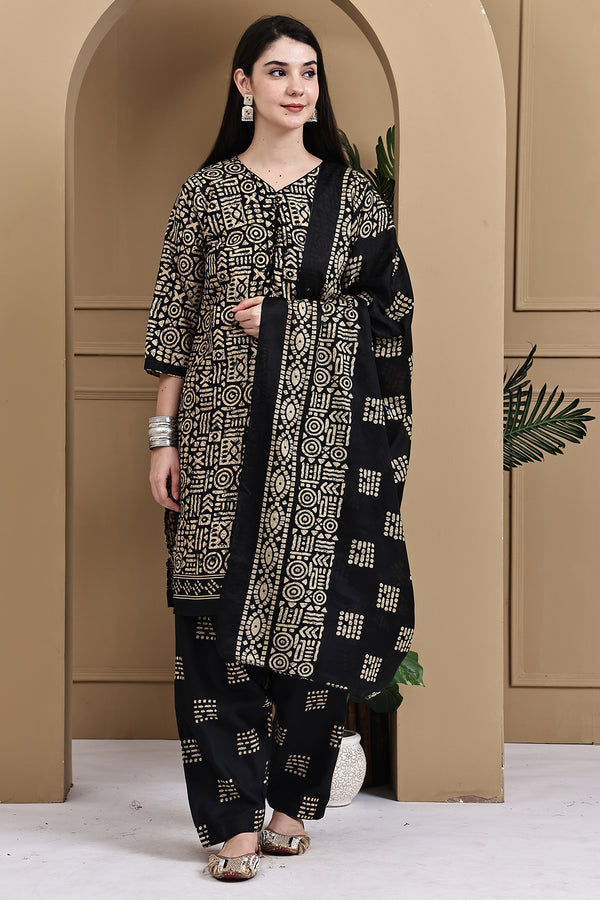 Beige & Black Cotton Blend Printed Ready to Wear Patiala Salwar Suit