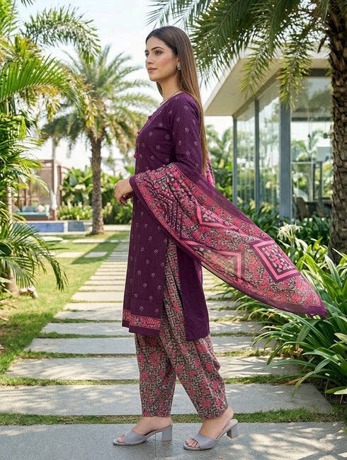 Wine Cotton Blend Printed Ready to Wear Patiala Salwar Suit