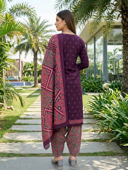 Wine Cotton Blend Printed Ready to Wear Patiala Salwar Suit