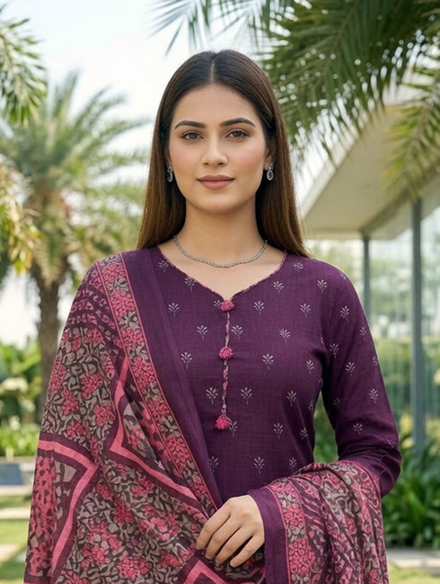 Wine Cotton Blend Printed Ready to Wear Patiala Salwar Suit