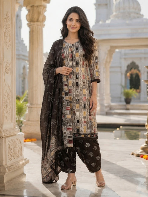 White Cotton Blend Printed Ready to Wear Patiala Salwar Suit