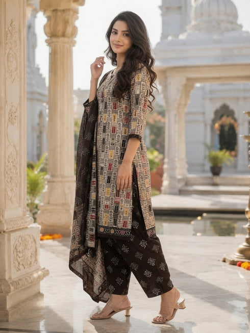 White Cotton Blend Printed Ready to Wear Patiala Salwar Suit