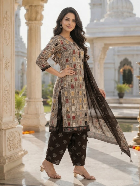 White Cotton Blend Printed Ready to Wear Patiala Salwar Suit