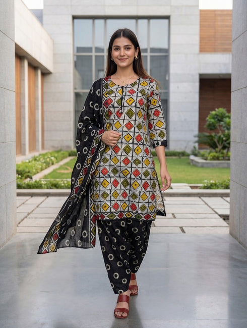 Beige & Black Cotton Blend Printed Ready to Wear Patiala Salwar Suit