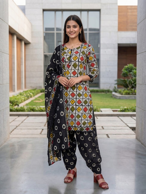 Beige & Black Cotton Blend Printed Ready to Wear Patiala Salwar Suit