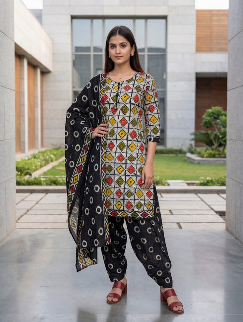 Beige & Black Cotton Blend Printed Ready to Wear Patiala Salwar Suit