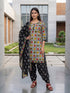 Beige & Black Cotton Blend Printed Ready to Wear Patiala Salwar Suit