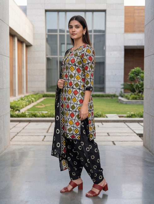 Beige & Black Cotton Blend Printed Ready to Wear Patiala Salwar Suit