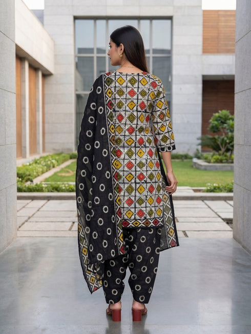 Beige & Black Cotton Blend Printed Ready to Wear Patiala Salwar Suit