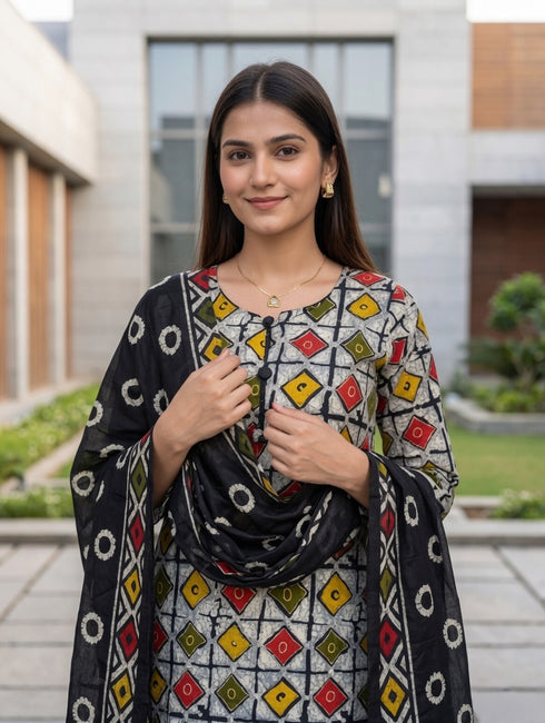 Beige & Black Cotton Blend Printed Ready to Wear Patiala Salwar Suit