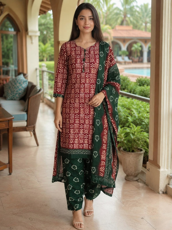 Maroon Cotton Blend Geometric Printed Ready to Wear Patiala Salwar Suit