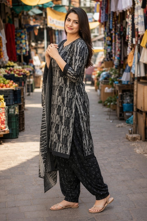 Black & Grey Cotton Blend Printed Ready to Wear Patiala Salwar Suit