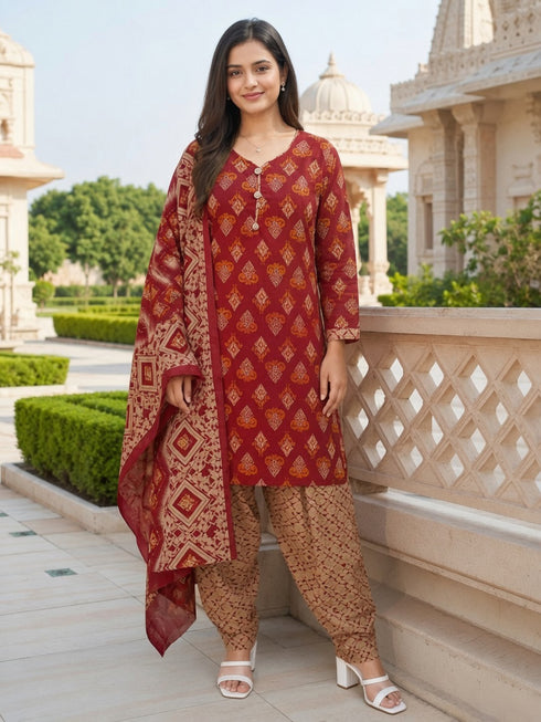 Maroon Cotton Blend Printed Ready to Wear Patiala Salwar Suit
