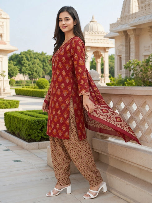 Maroon Cotton Blend Printed Ready to Wear Patiala Salwar Suit