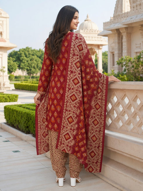 Maroon Cotton Blend Printed Ready to Wear Patiala Salwar Suit