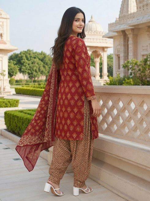 Maroon Cotton Blend Printed Ready to Wear Patiala Salwar Suit