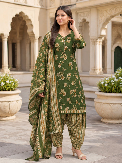 Mahendi Green Cotton Blend Printed Ready to Wear Patiala Salwar Suit