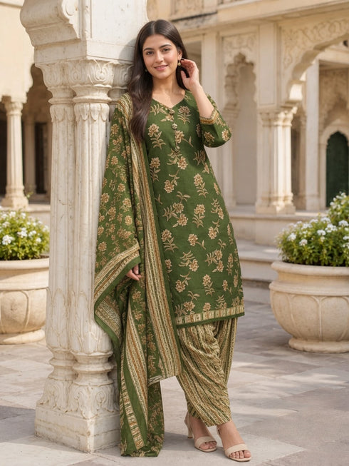 Mahendi Green Cotton Blend Printed Ready to Wear Patiala Salwar Suit