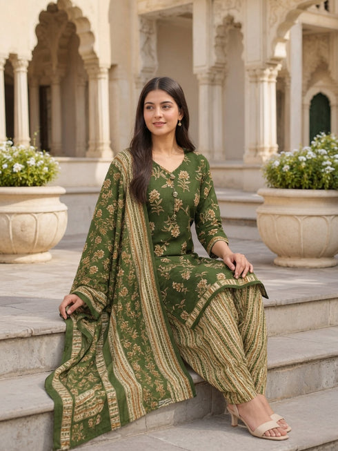 Mahendi Green Cotton Blend Printed Ready to Wear Patiala Salwar Suit
