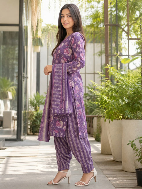 Lavender Cotton Blend Printed Ready to Wear Patiala Salwar Suit