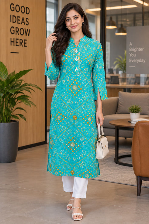 Turquoise Pure Cotton Bandhej Printed Kurti