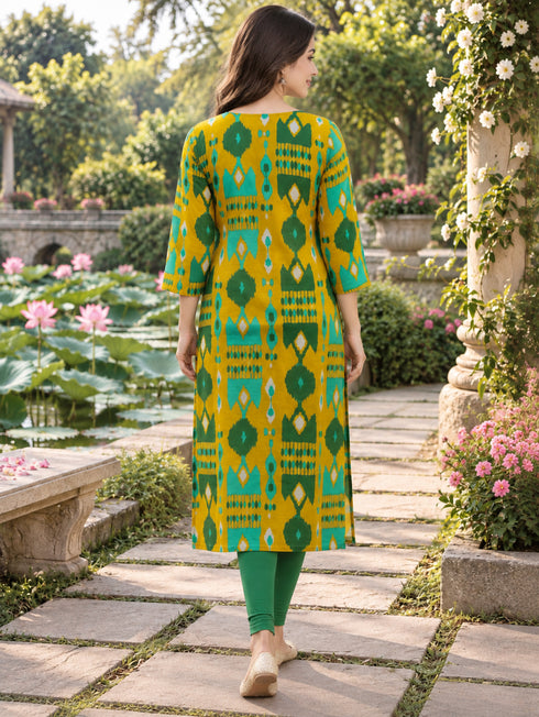 Mustard Yellow Pure Cotton Ikat Printed Kurta