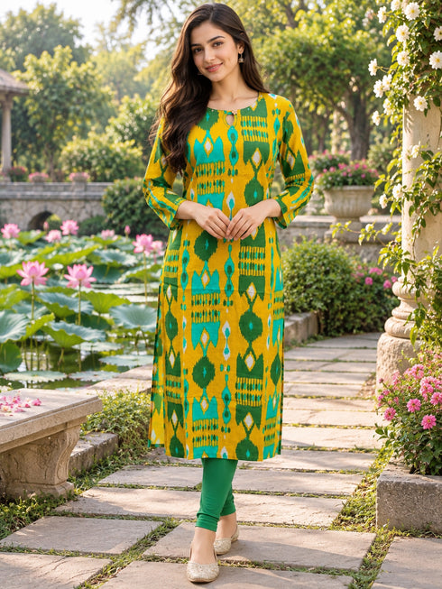 Mustard Yellow Pure Cotton Ikat Printed Kurta