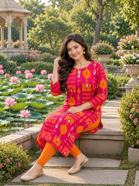Pink Pure Cotton Ikat Printed Kurta