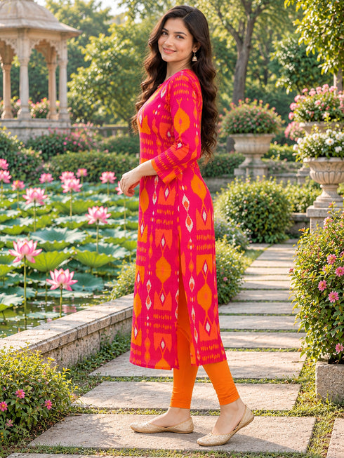 Pink Pure Cotton Ikat Printed Kurta