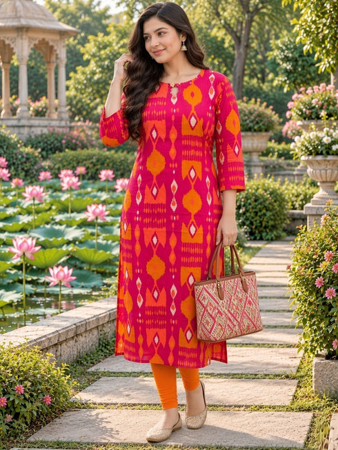 Pink Pure Cotton Ikat Printed Kurta