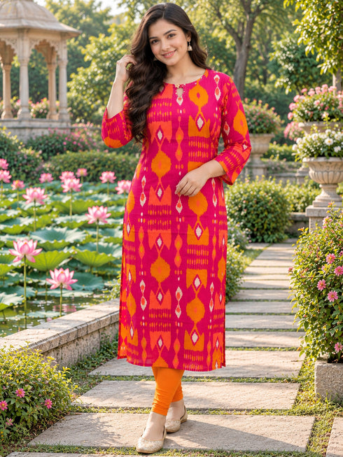 Pink Pure Cotton Ikat Printed Kurta