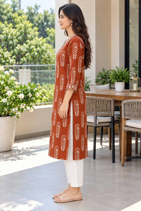 Rust Pure Cotton Ikat Printed Kurta For Women