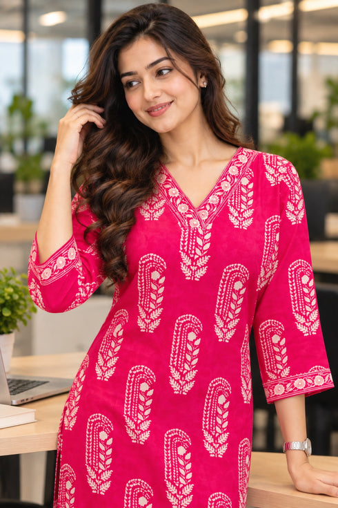 Pink and White Pure Cotton Hand Block Print Kurti