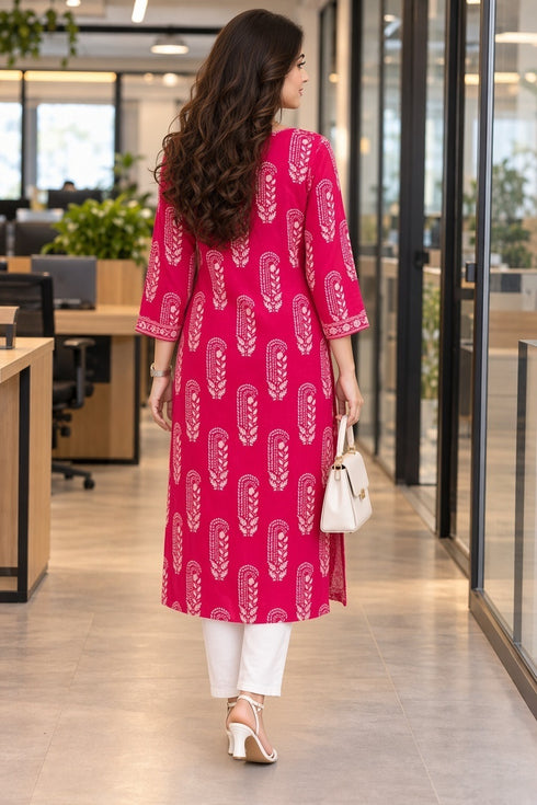 Pink and White Pure Cotton Hand Block Print Kurti